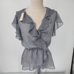 NEW Max Studio Gingham Ruffle Faux Wrap Work Blouse Size XS Navy White Top Shirt